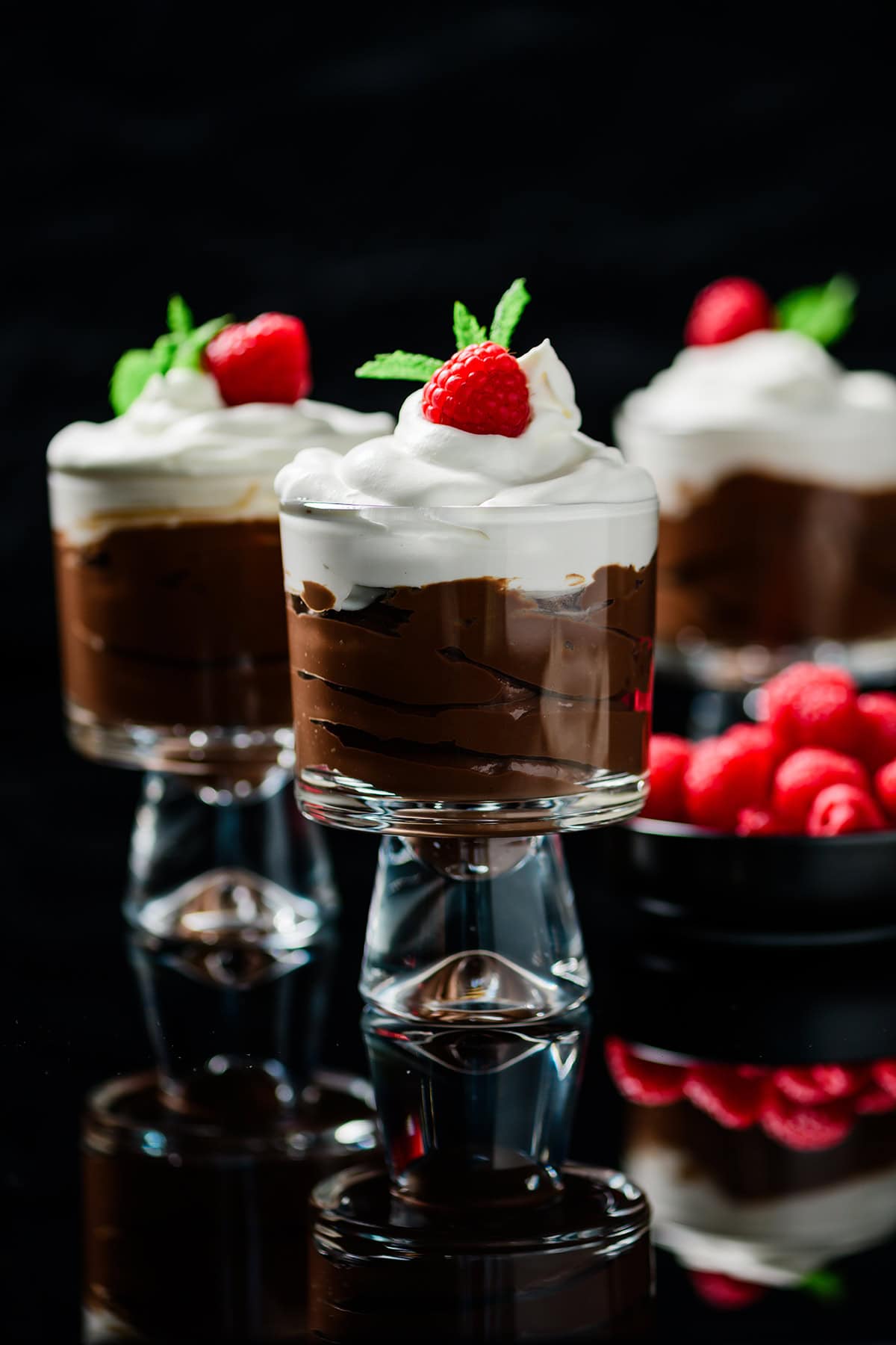 Protein Packed Chocolate Mocha Pudding in parfait glasses with fresh raspberries and mint.