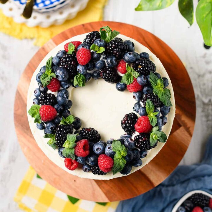 Overhead shot of Mixed Berries and Cream Cake.