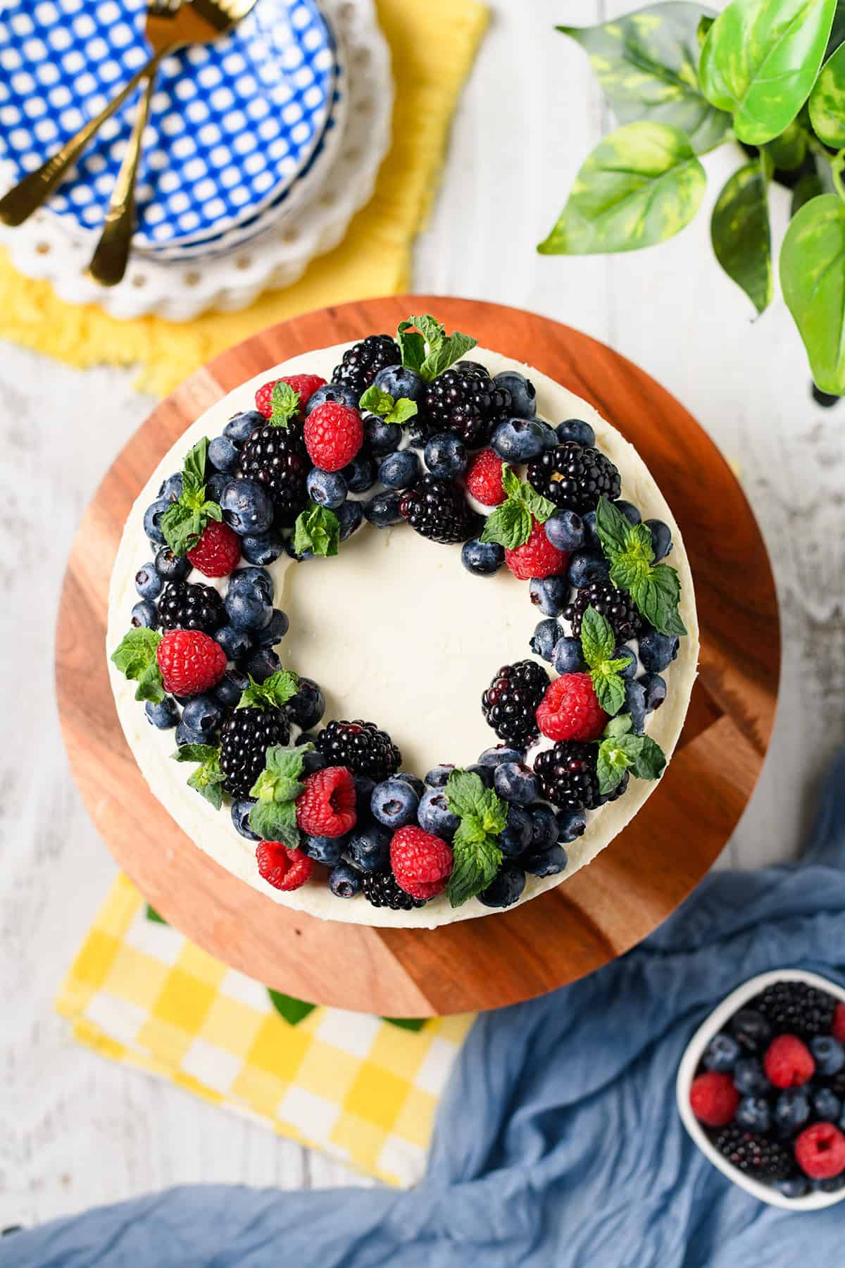 Overhead shot of Mixed Berries and Cream Cake.