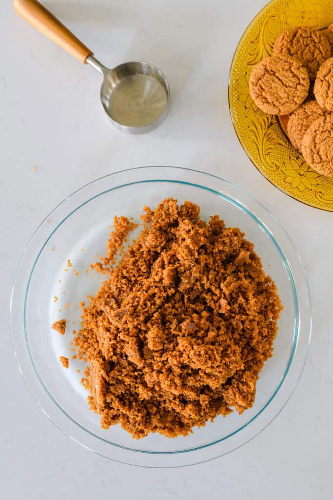 Overhead shot of gingersnap cookie crumbs in pie plate.