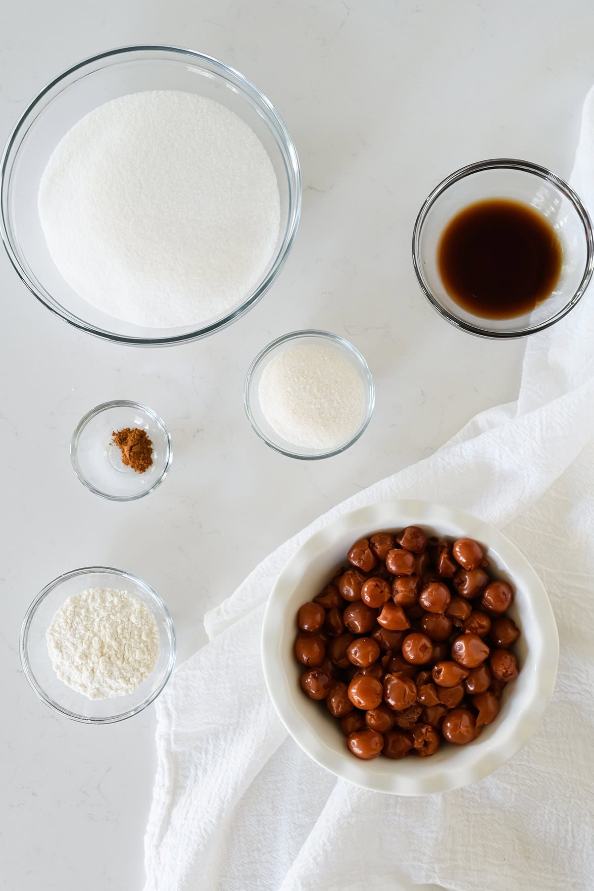 Overhead shot of cherry filling ingredients for Easy Cherry Pie.