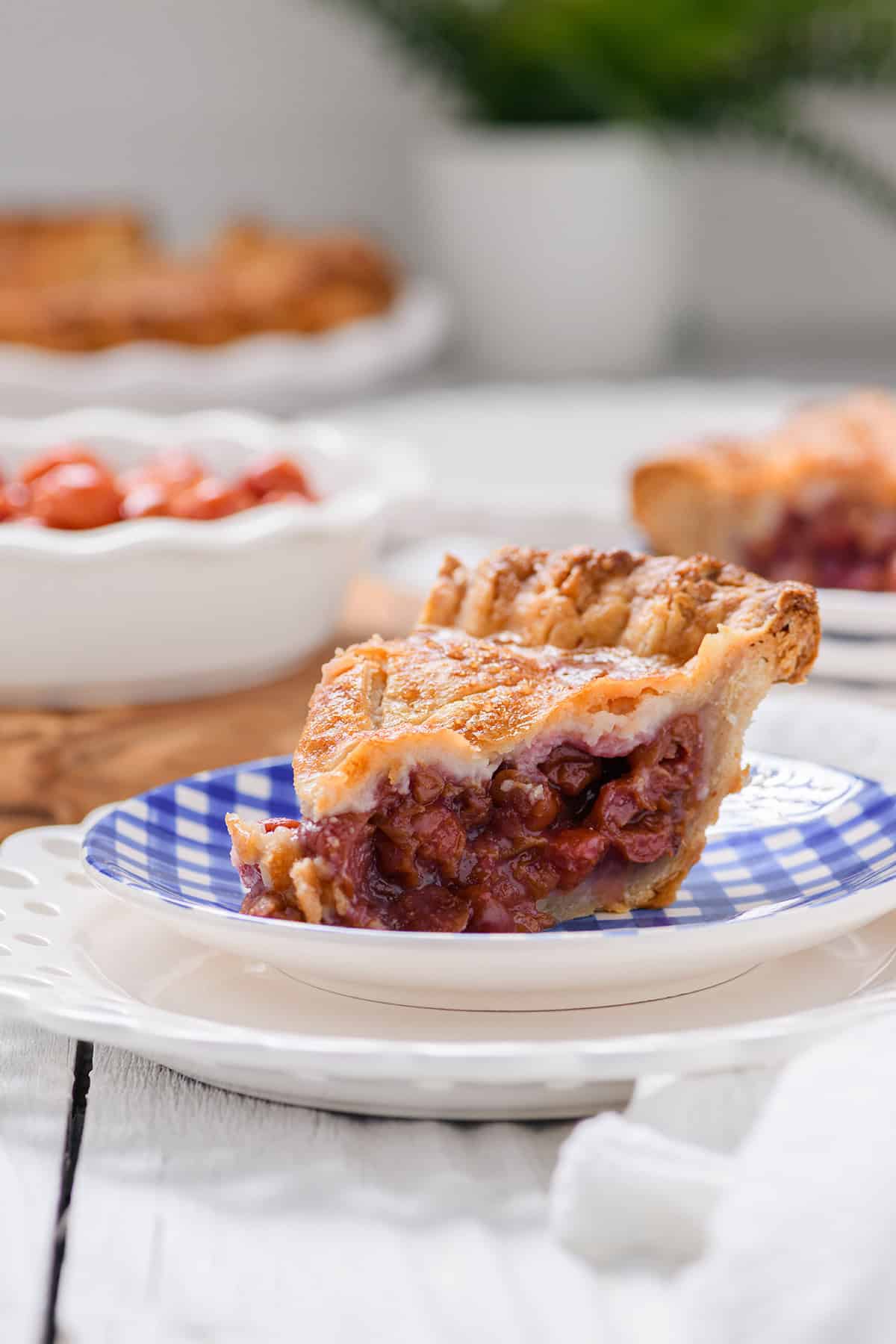 Close up straight on angle of sliced Easy Cherry Pie.