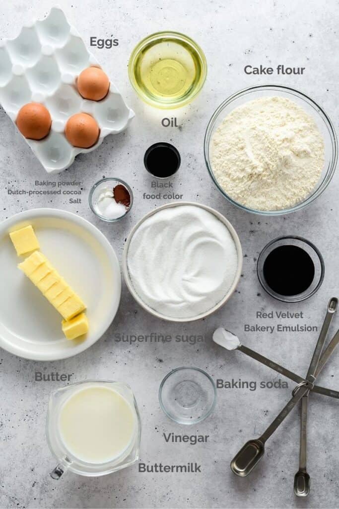 Overhead shot of cake ingredients for Black Velvet Halloween Cupcakes.