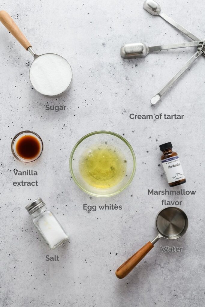 Overhead image of marshmallow filling ingredients for Black Velvet Halloween Cupcakes.