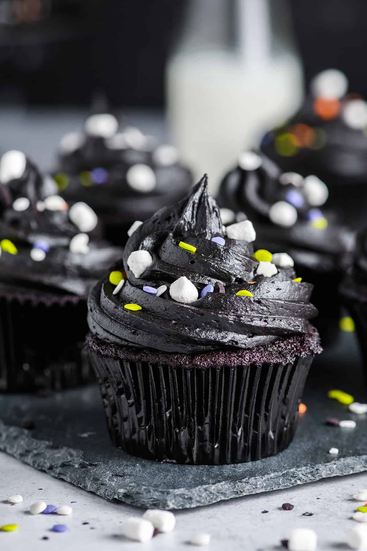 Close up shot of single Black Velvet Halloween Cupcake.