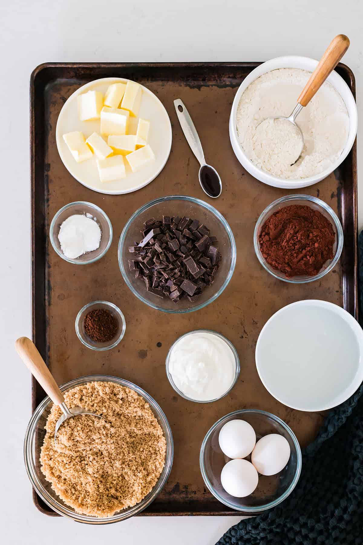Overhead shot of Devil's Food Ghost Cupcakes ingredients.