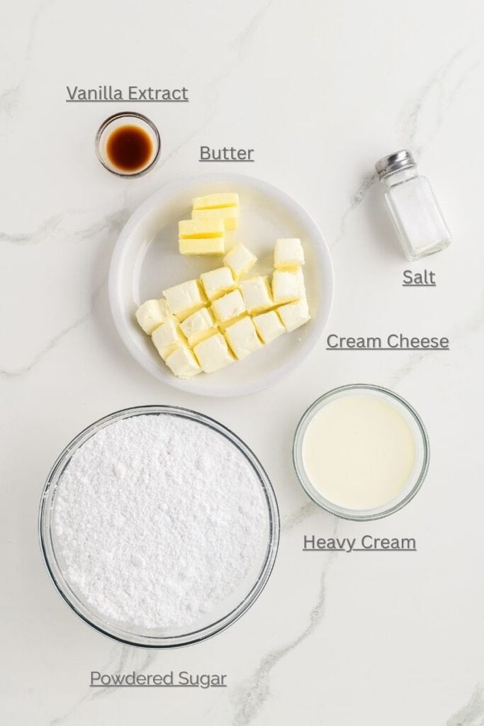 Overhead shot of frosting  ingredients for Pumpkin Spice Layer Cake with Caramel Cream Cheese Frosting.
