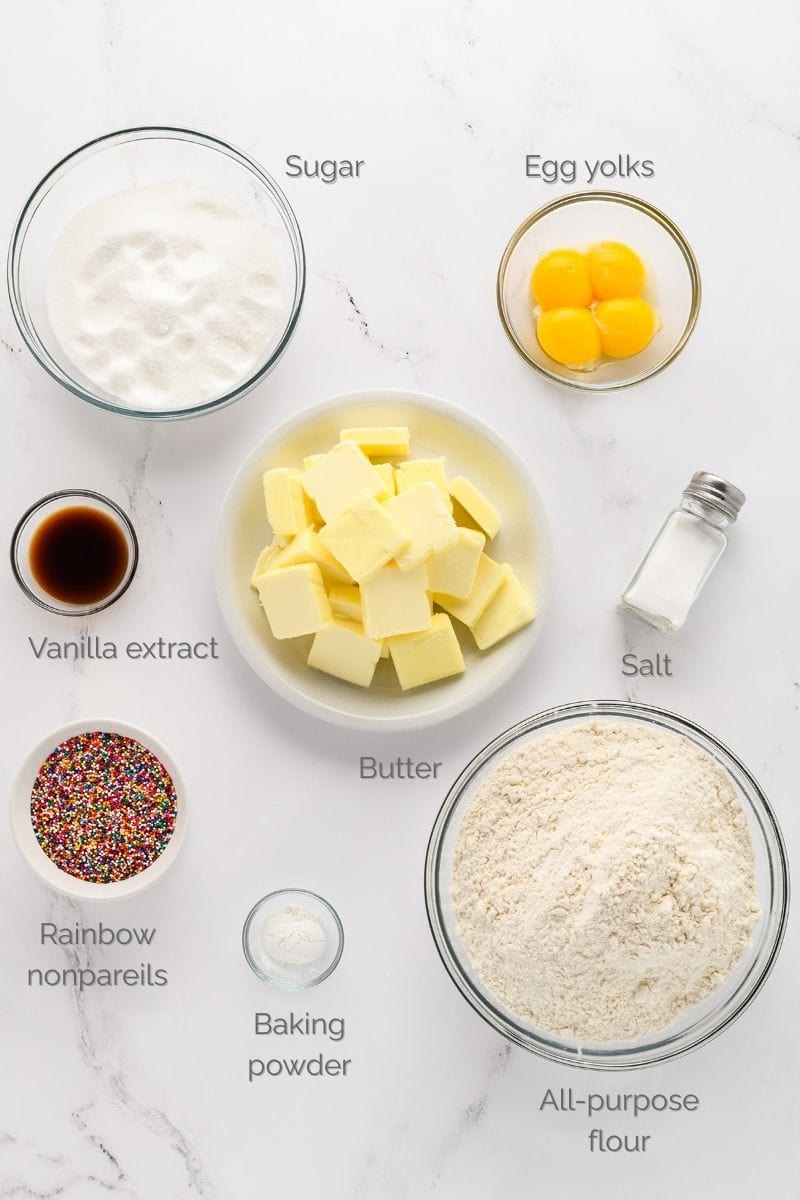 Overhead shot of ingredients for Mexican Sprinkle Cookies.