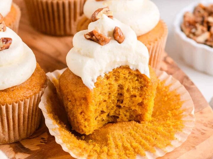 Pumpkin Cupcakes with Fluffy Maple Cream Cheese Frosting