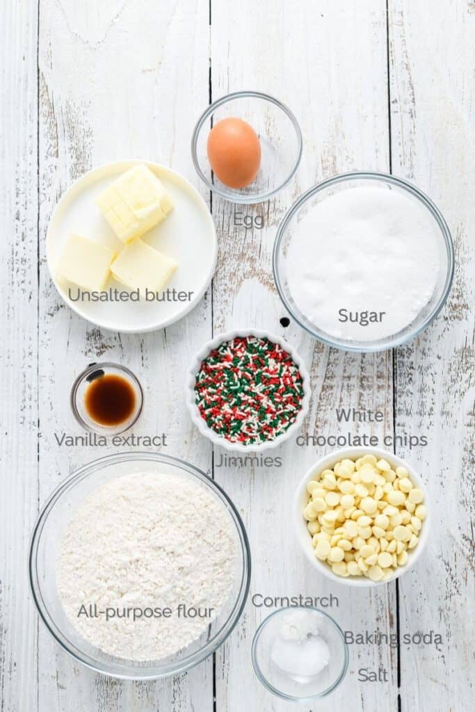 Overhead shot of ingredients for Christmas Confetti Cookie Cake.