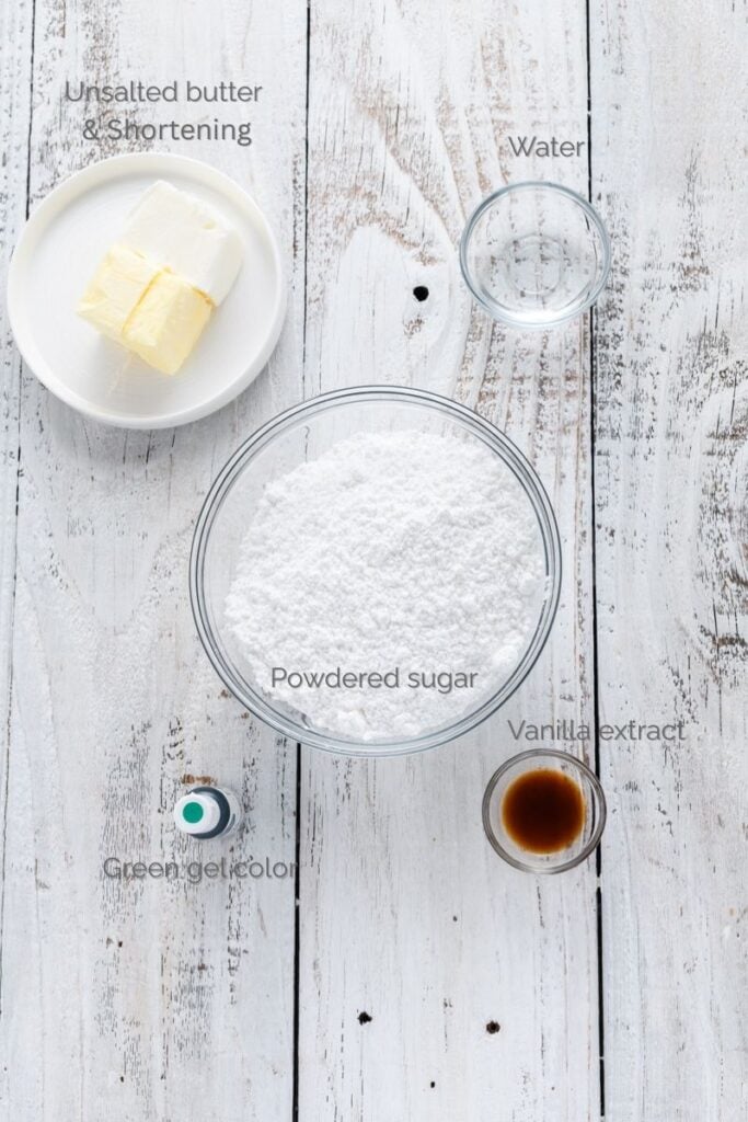 Overhead shot of ingredients for buttercream for Christmas Confetti Cookie Cake.