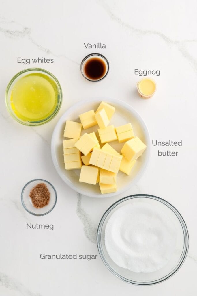 Overhead shot of ingredients for Eggnog Swiss Meringue Buttercream for Eggnog Cupcakes.