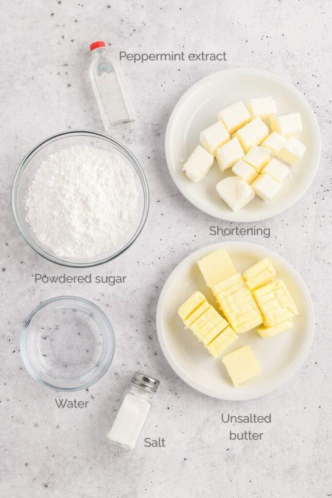 Overhead shot of buttercream ingredients for Chocolate Peppermint Layer Cake.