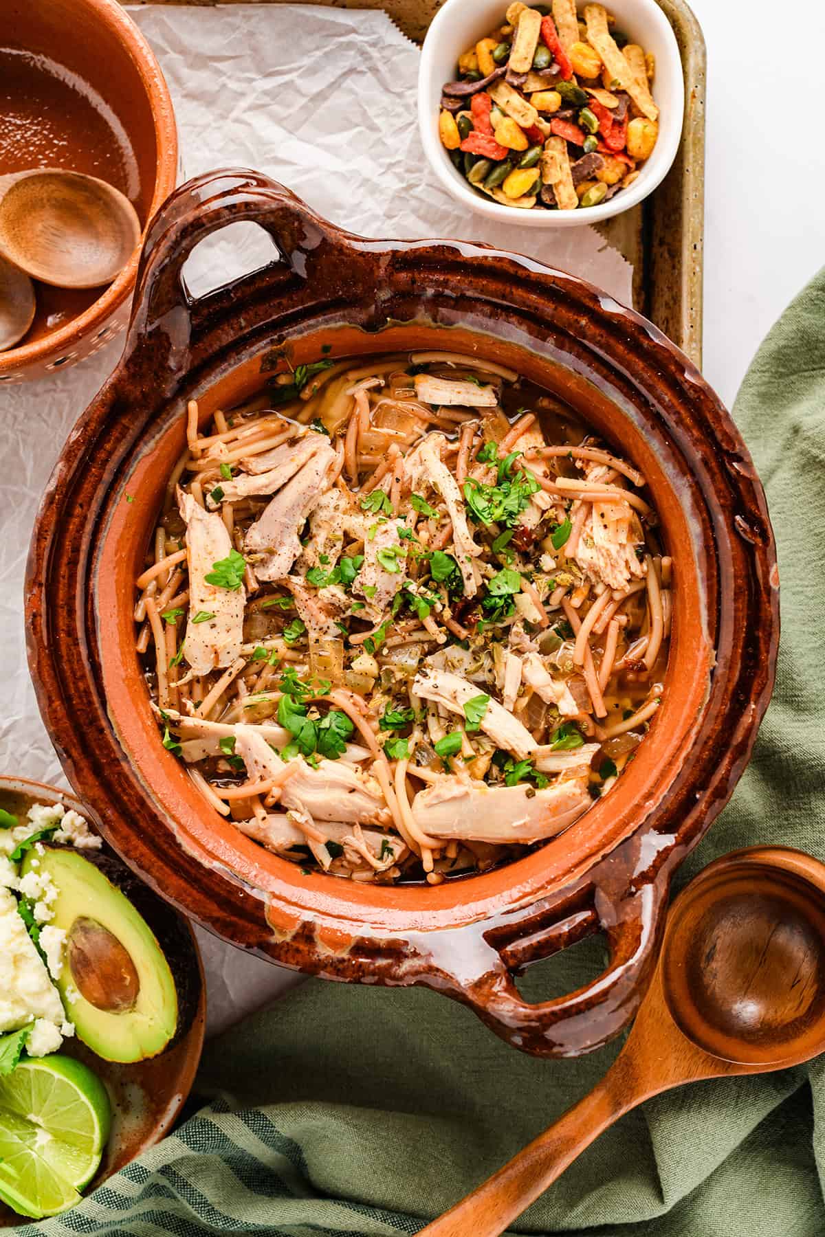 Overhead shot of Chicken Fideo Soup in serving dish.