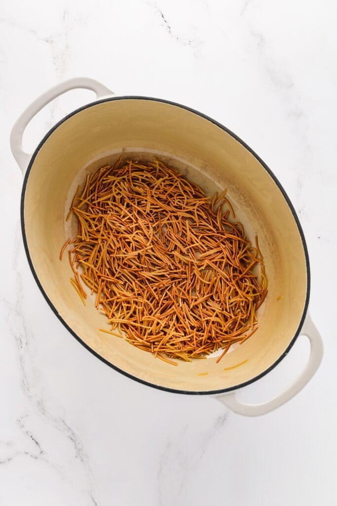 Overhead shot of fried fideo for Chicken Fideo Soup.
