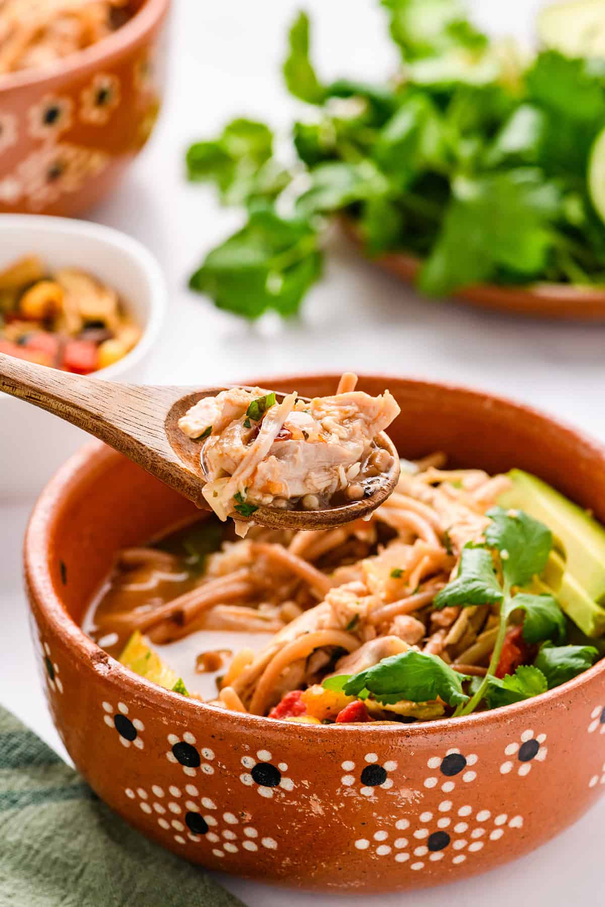 Close up shot of Chicken Fideo Soup on wooden spoon.