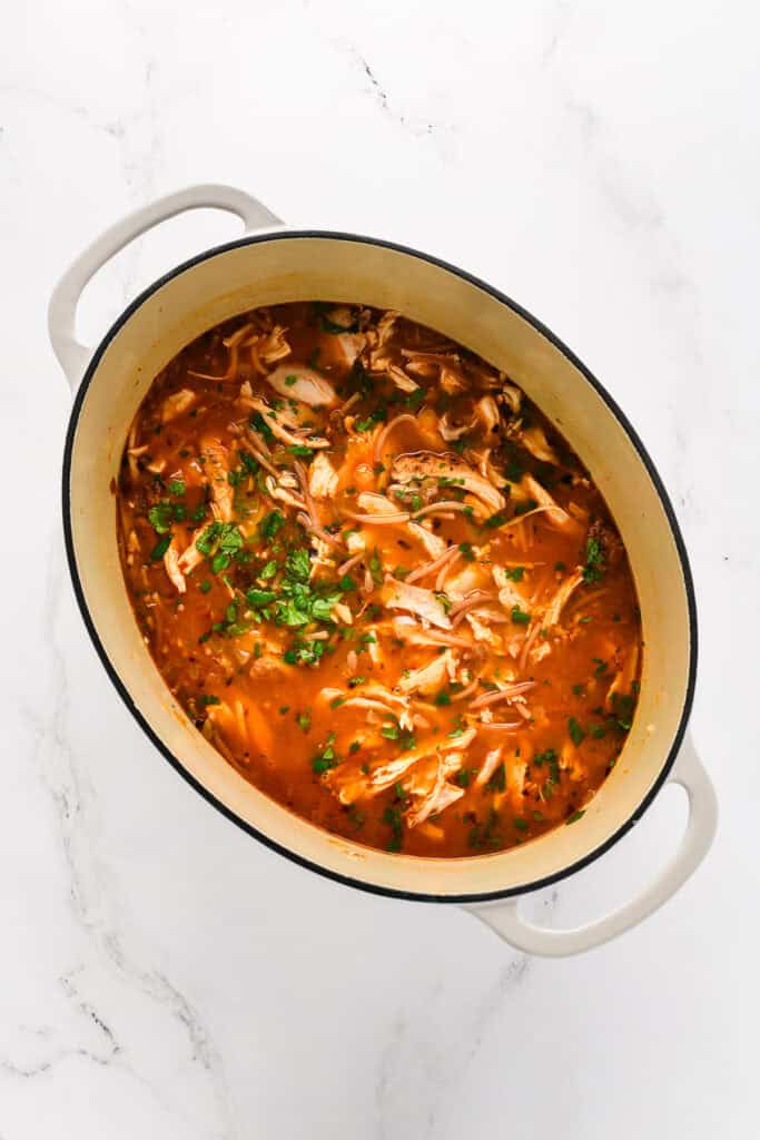 Overhead shot of completed Chicken Fideo Soup with shredded chicken added.