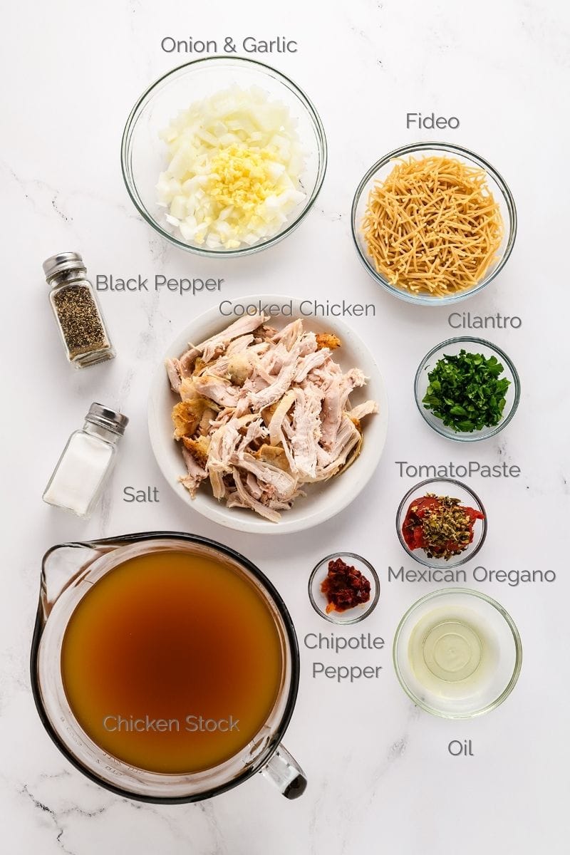 Overhead shot of Chicken Fideo Soup ingredients.
