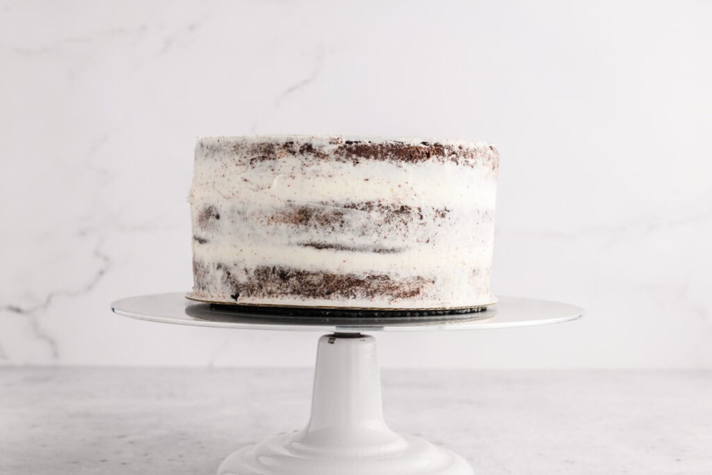 Crumb coated Chocolate Peppermint Layer Cake.