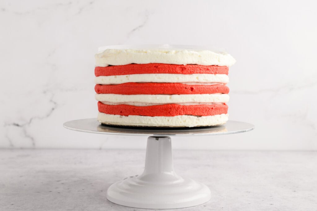 Chocolate Peppermint Layer Cake with stripes pipped.