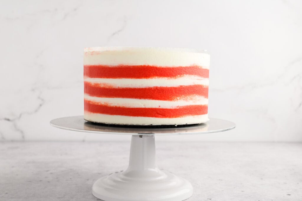 Chocolate Peppermint Layer Cake with stripes smoothed out.