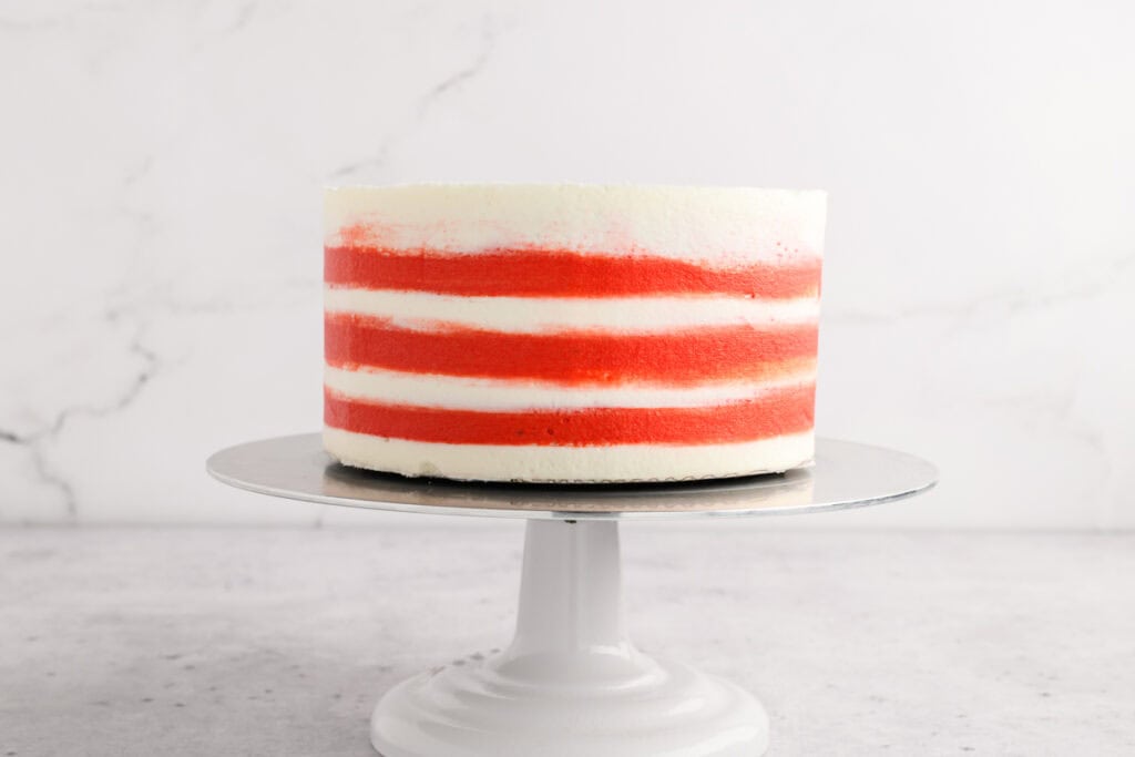 Chocolate Peppermint Layer Cake with stripes smoothed out and acrylic disc removed.
