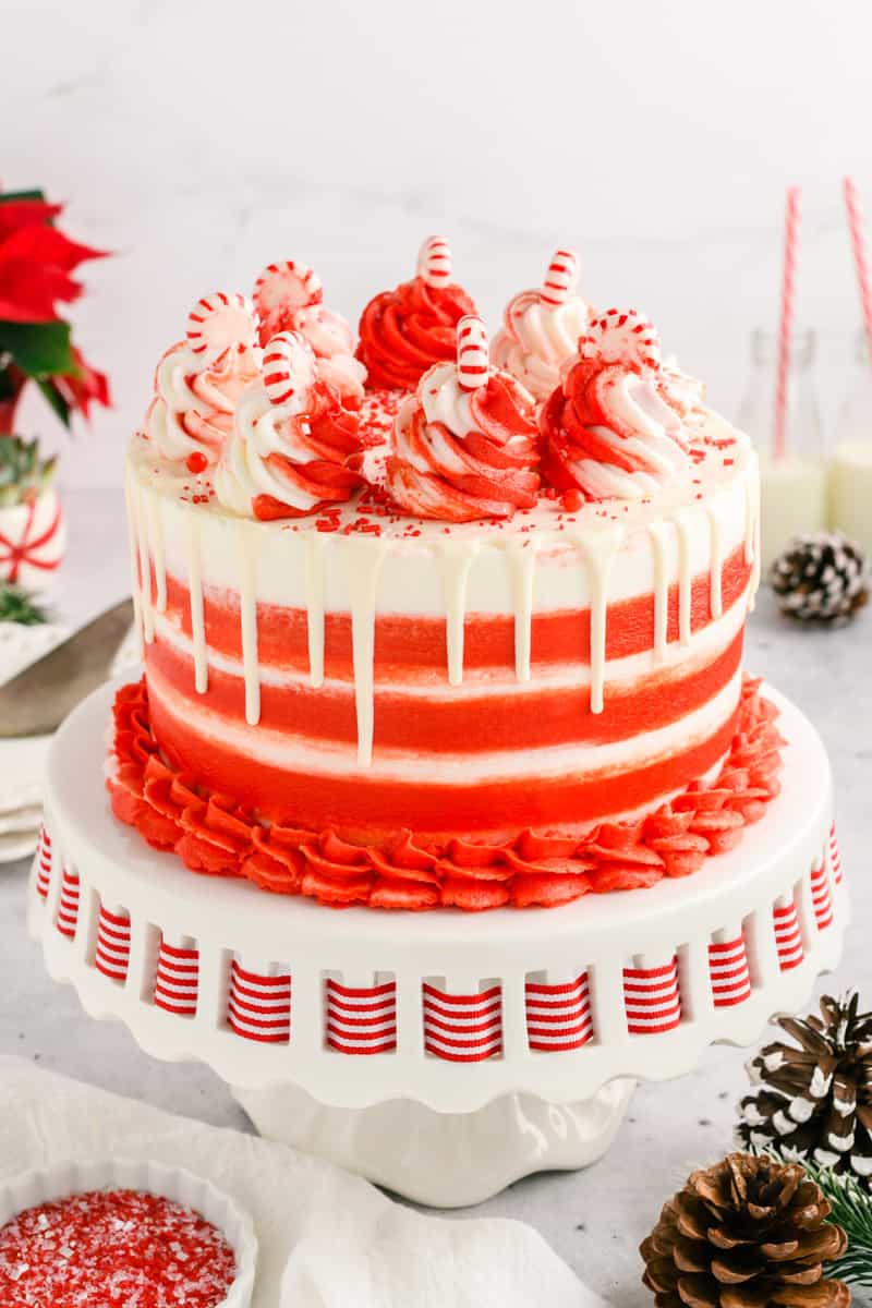 Angled and wide shot of Chocolate Peppermint Layer Cake on cake stand with festive prop styling.