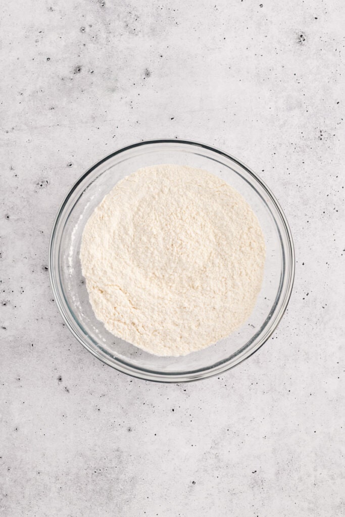 Overhead shot of dry ingredients for Chocolate Peppermint Layer Cake.
