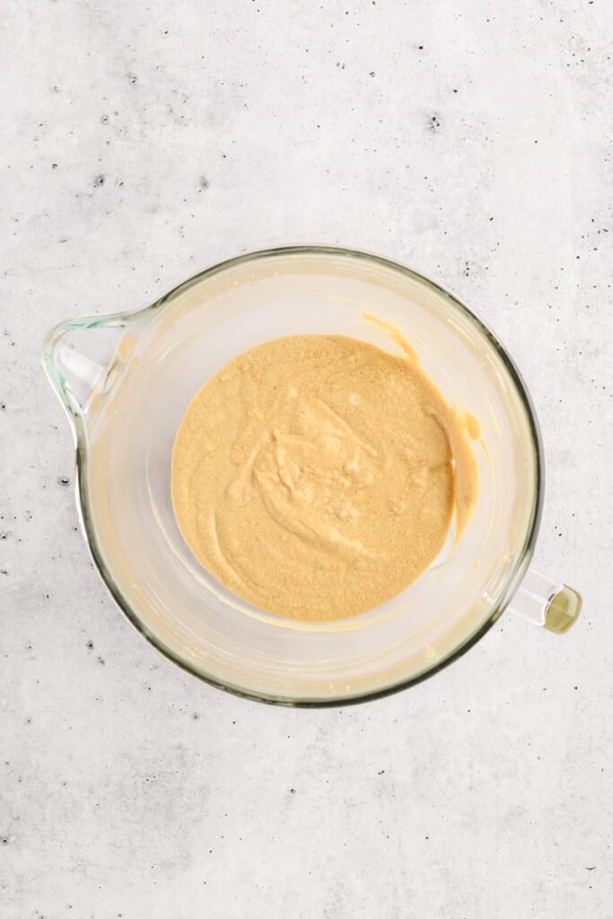 Overhead shot of wet ingredients for Chocolate Peppermint Layer Cake.