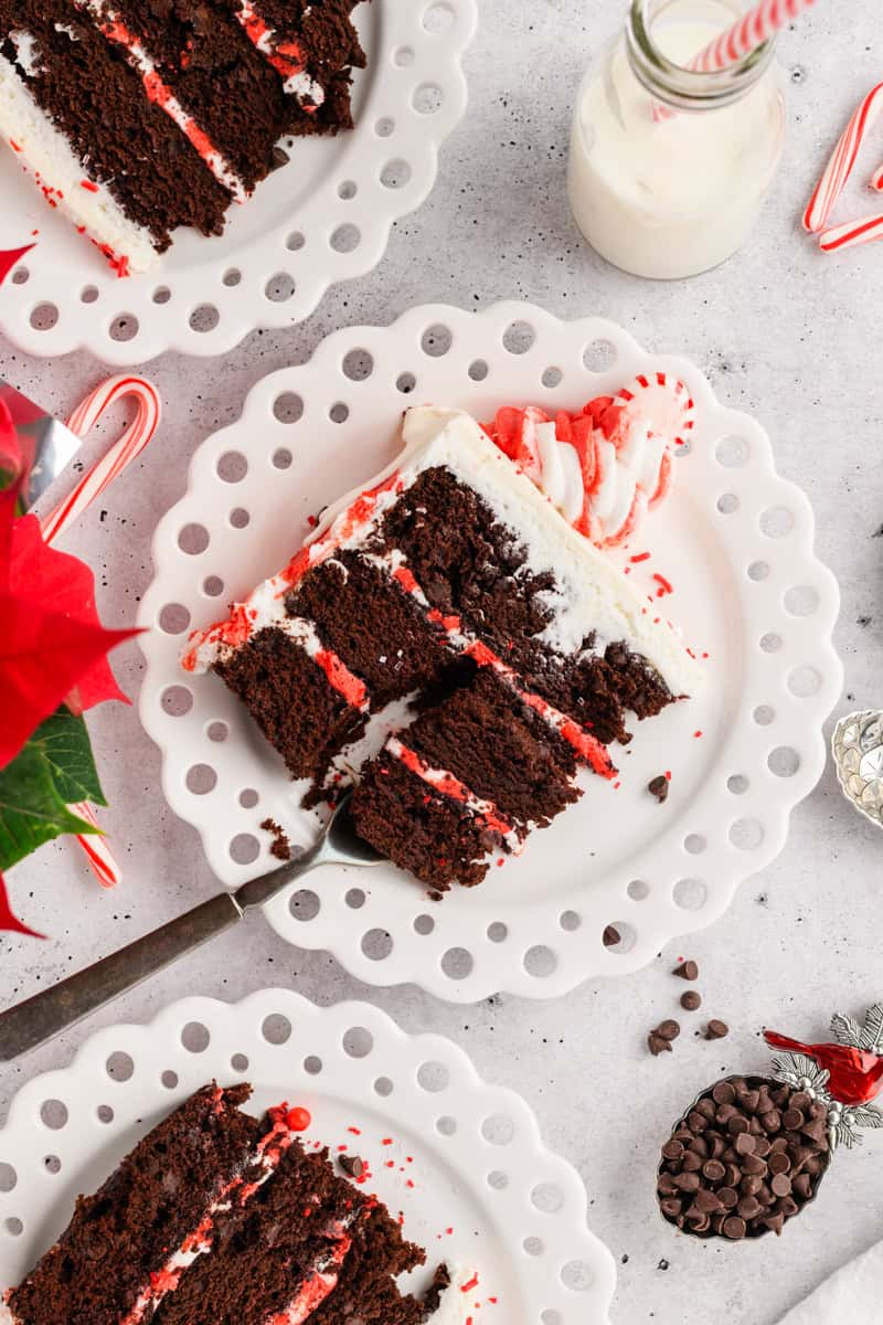 Overhead close up of sliced Chocolate Peppermint Layer Cake.