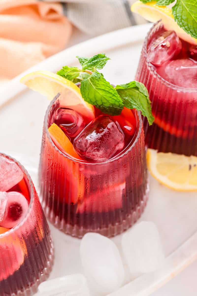 Top angled close up shot of 3 glasses of Simple Sangria.