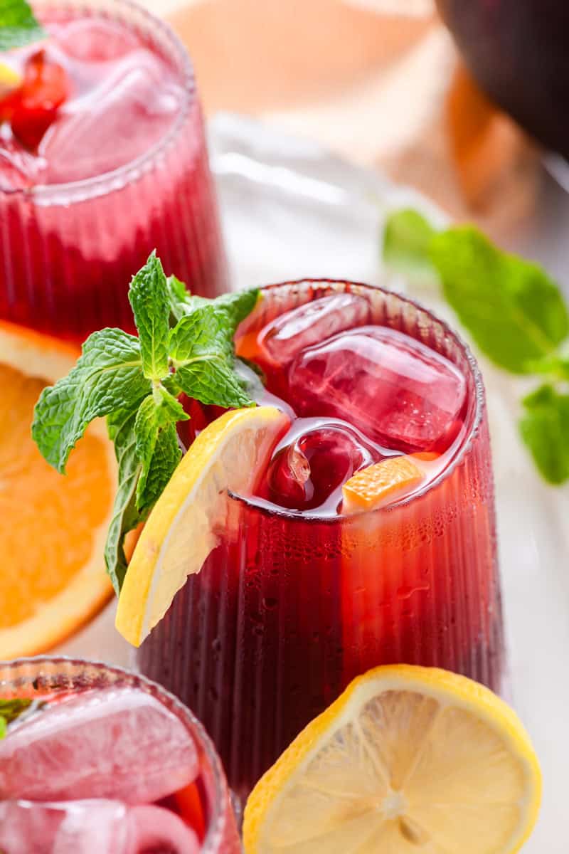 Angled close up shot of a glass of Simple Sangria from the top.