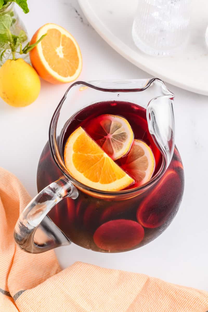Angled shot of Simple Sangria in the pitcher.