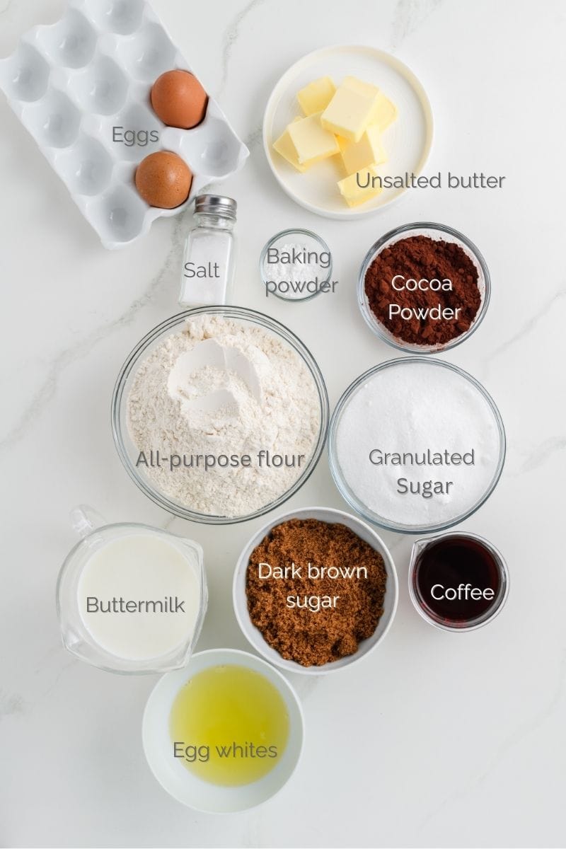 Overhead shot of ingredients for Healthier Chocolate Coffee Cake.