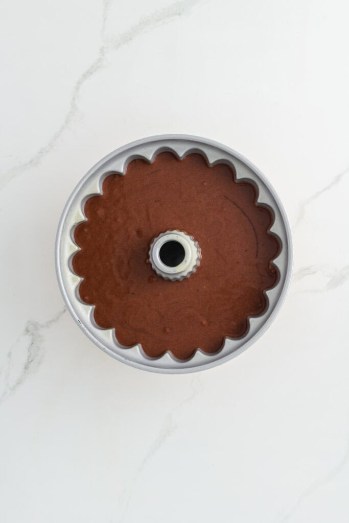 Overhead shot of Healthier Chocolate Coffee Cake batter in cake pan.