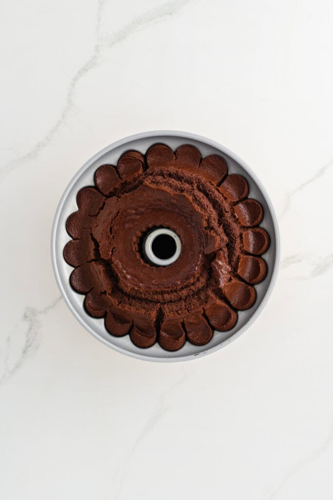 Overhead shot of baked Healthier Chocolate Coffee Cake in cake pan.