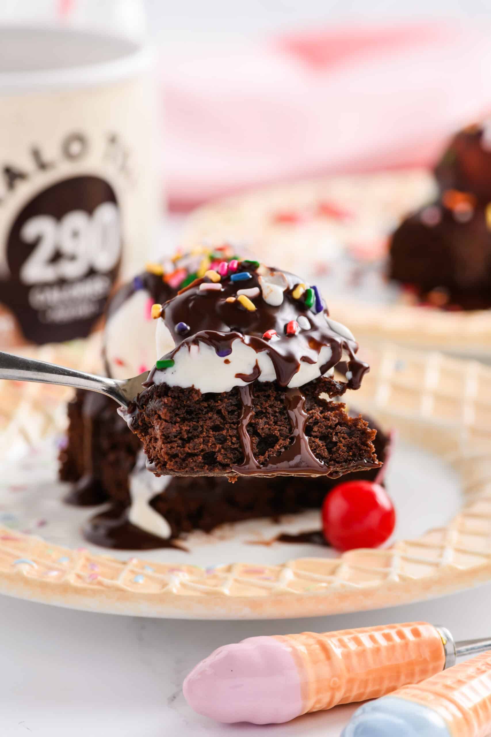 Close up shot of a piece of Lightened Up Brownie a la Mode on a spoon.