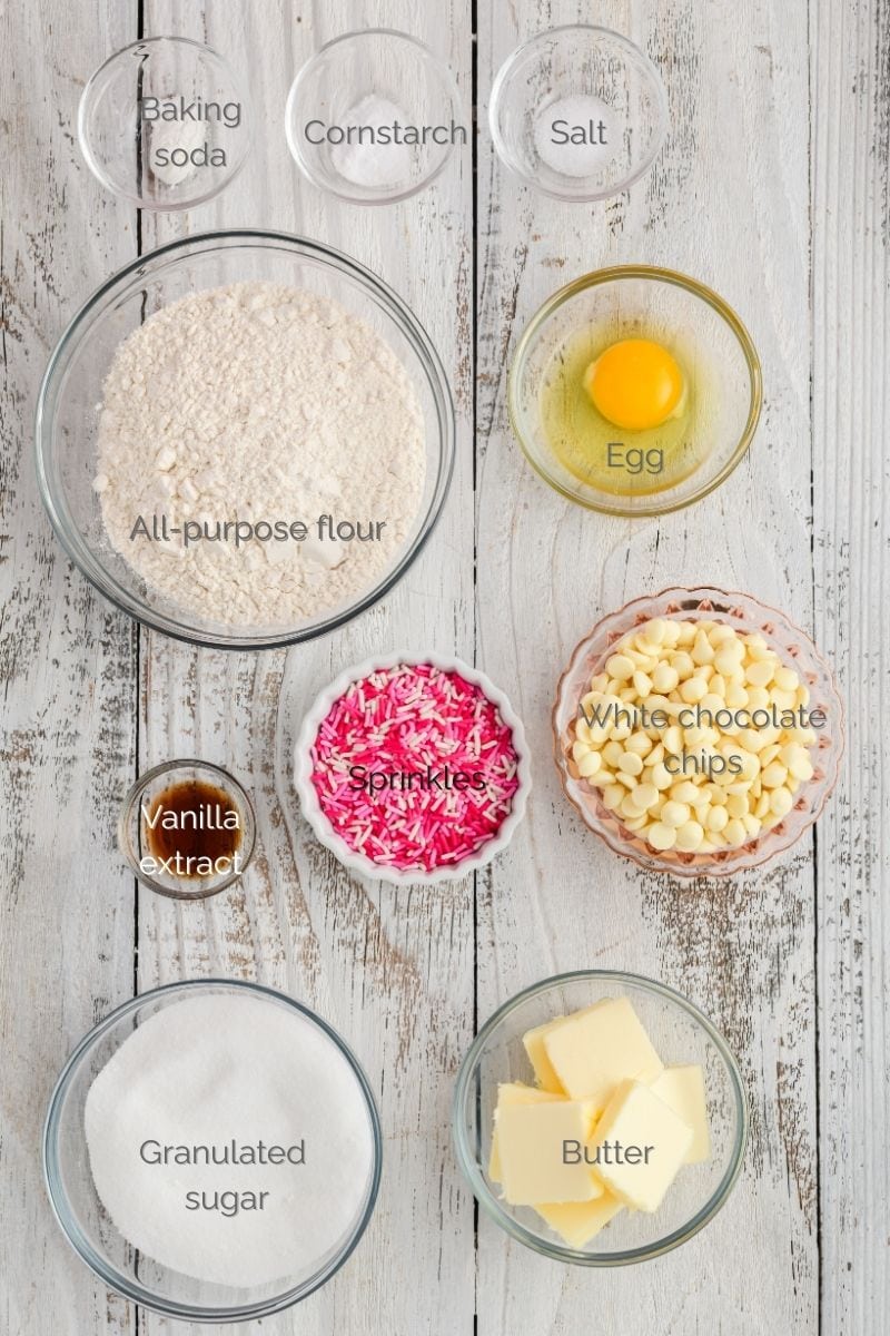 Overhead shot of ingredients for Valentine Confetti Cookie Cake.