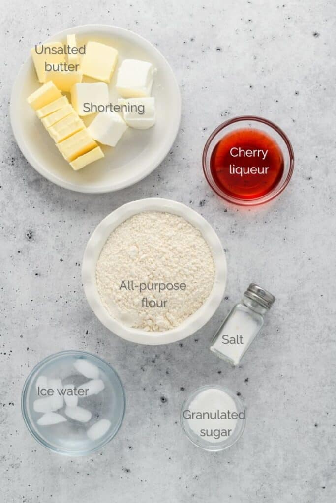 Overhead image of pie dough ingredients for Easy Cherry Pie.