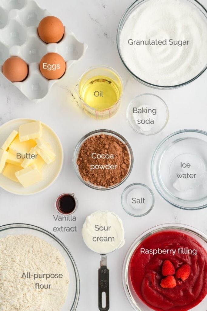 Overhead shot of ingredients for chocolate cake.