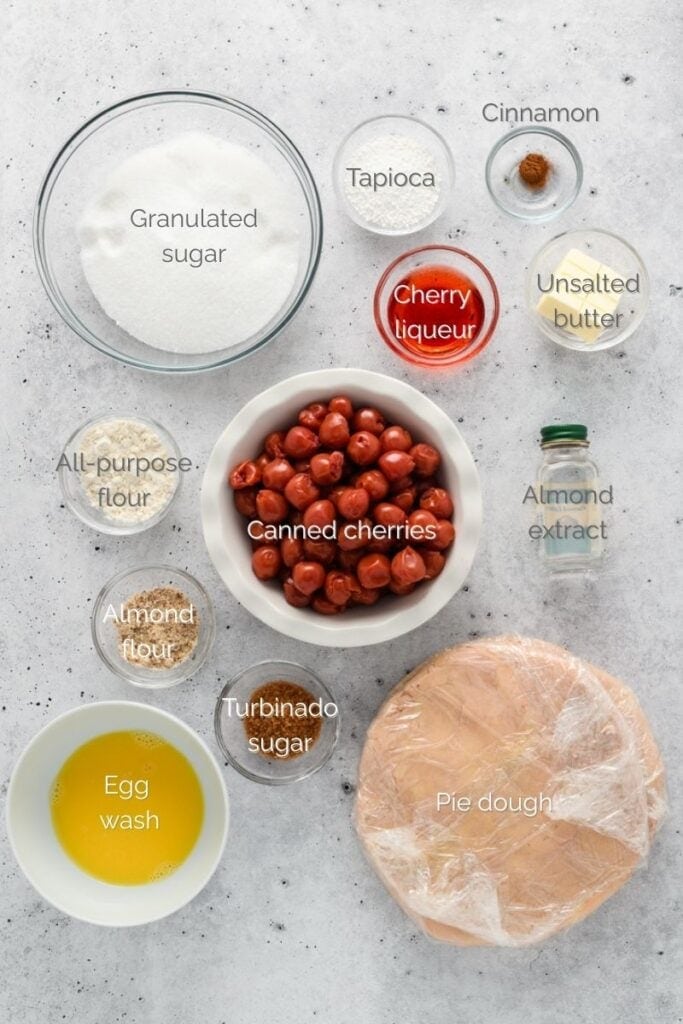 Overhead image of ingredients for cherry filling for Easy Cherry Pie.
