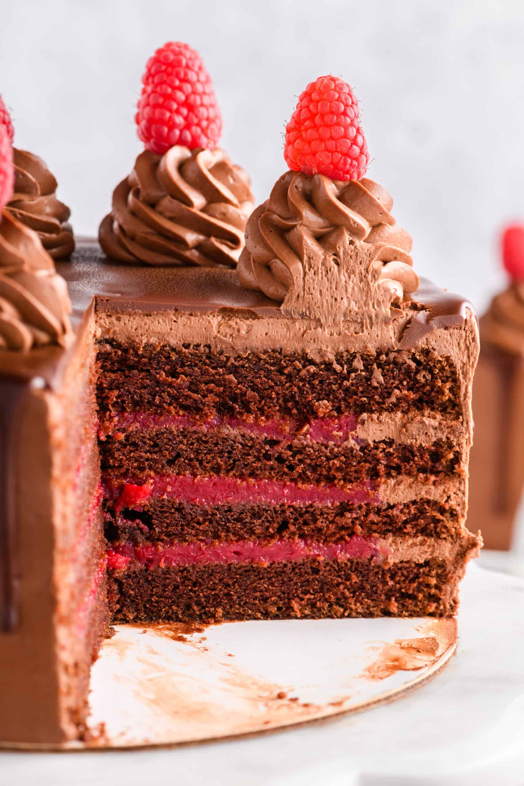 Close up shot of Chocolate Raspberry Cake with Whipped Ganache Frosting with slices removed.