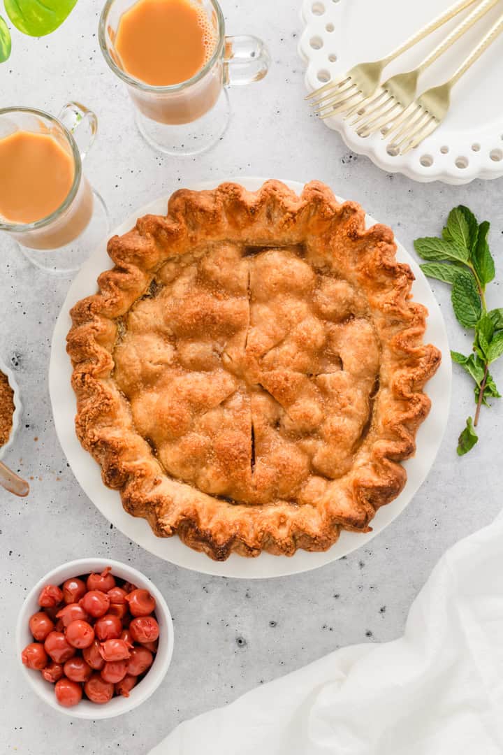 Overhead image of completed and baked Easy Cherry Pie.