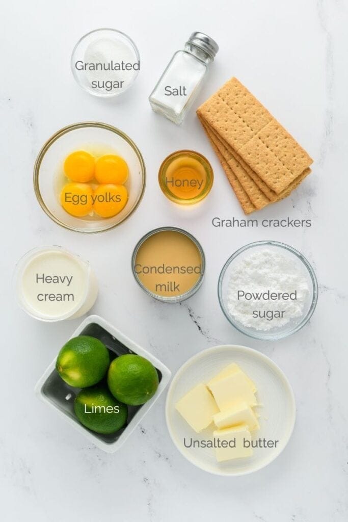 Overhead ingredient shot for Key Lime Pie.