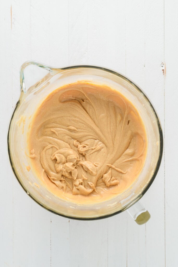 Overhead process shot of wet ingredients combined for Easy Easter  Chocolate Chip Cookies.