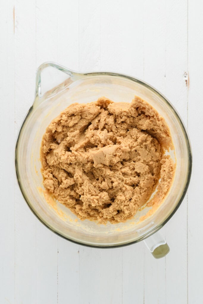 Overhead shot of cookie dough for Easy Easter Chocolate Chip Cookies.