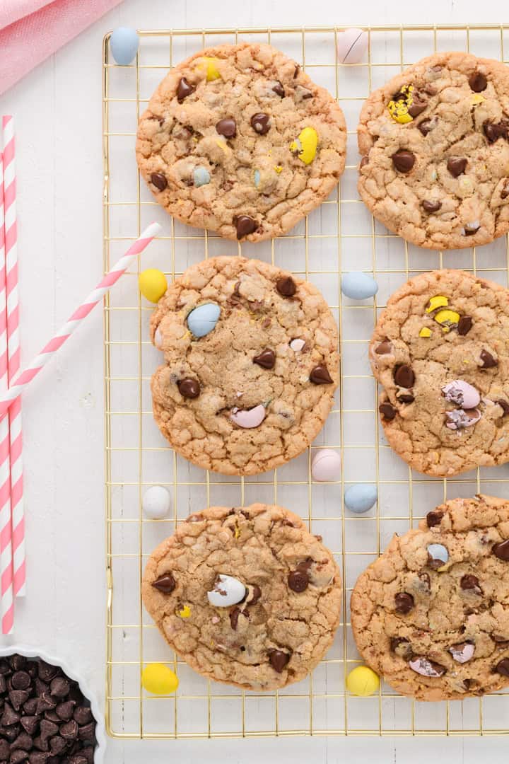 Overhead closeup of Easy Easter Chocolate Chip Cookies on cooling rack.