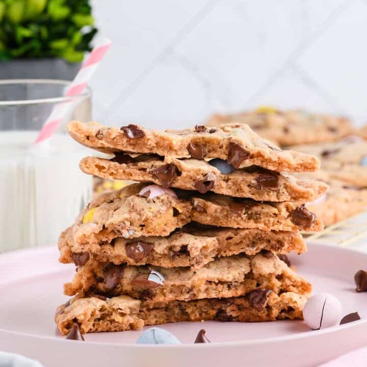 Macro shot of broken stacked Easy Easter Chocolate Chip Cookies with melty chocolate chips.