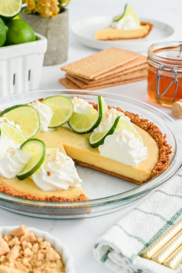 Angled shot of inside texture of sliced Key Lime Pie.