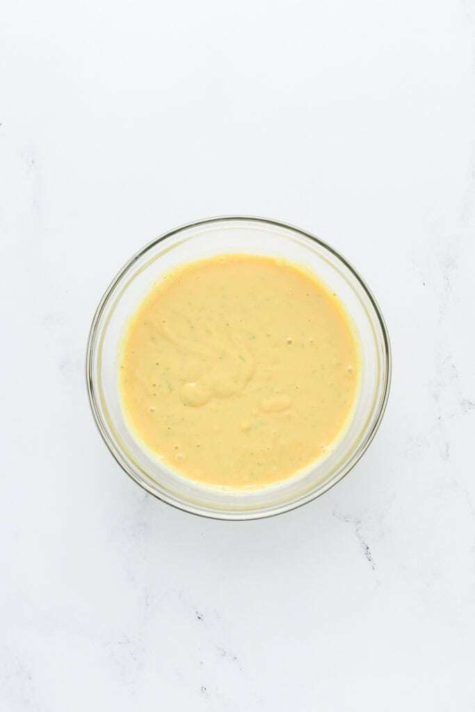 Overhead shot of completed pie filling for Key Lime Pie.